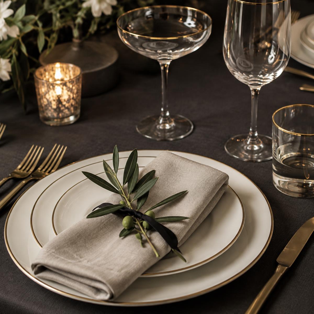 Ivory place setting with gold-rimmed glassware and olive sprig