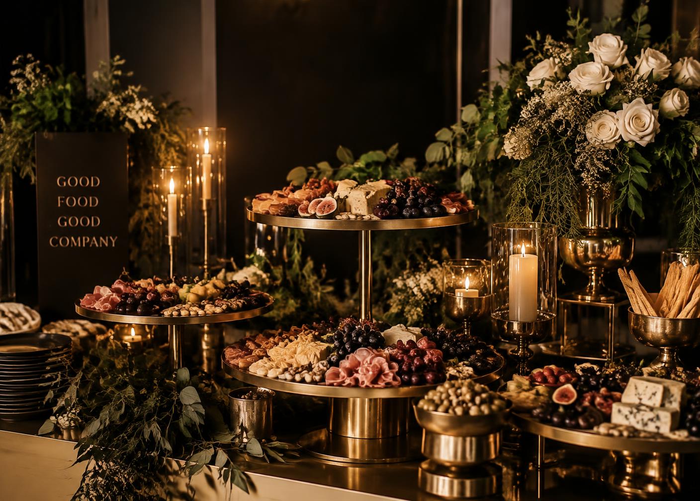 Styled culinary installation with brass risers, florals, and candlelight